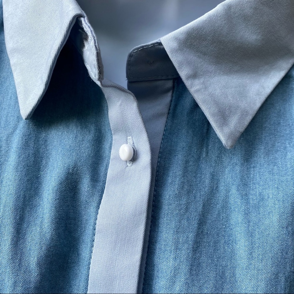 Blue Color Block Velvet & Chambray Button Shirt S - image 4